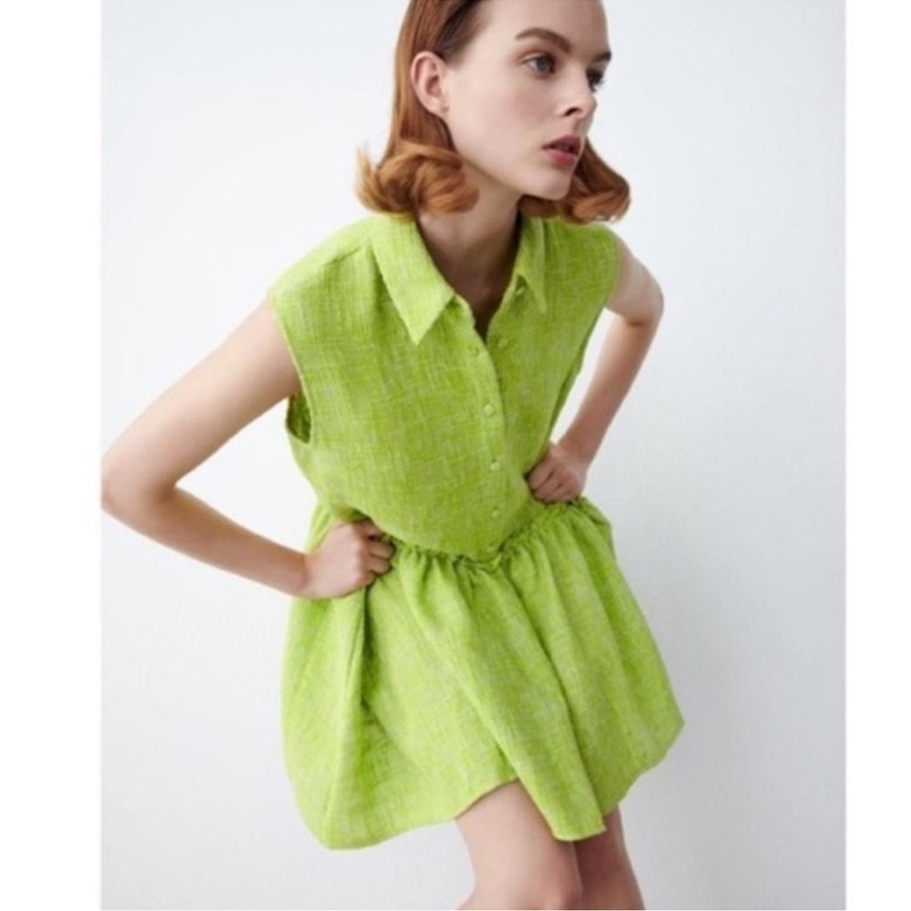 ZARA MINI GREEN HEATHER WHITE KNIT COLLAR DRESS